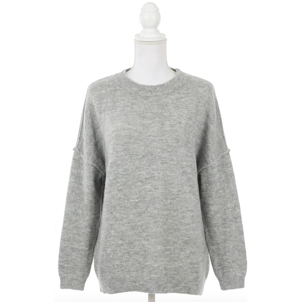 NEW ZENANA oversized round neck raw seam sweater in melange grey